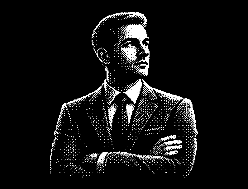 1-bit portrait of a figure in a suit, arms folded, looking off to one side