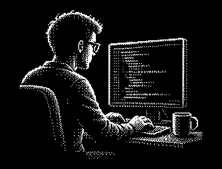 1-bit scene of a developer at a desk, typing at a monitor full of code