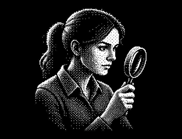1-bit portrait of a figure inspecting something through a magnifying glass
